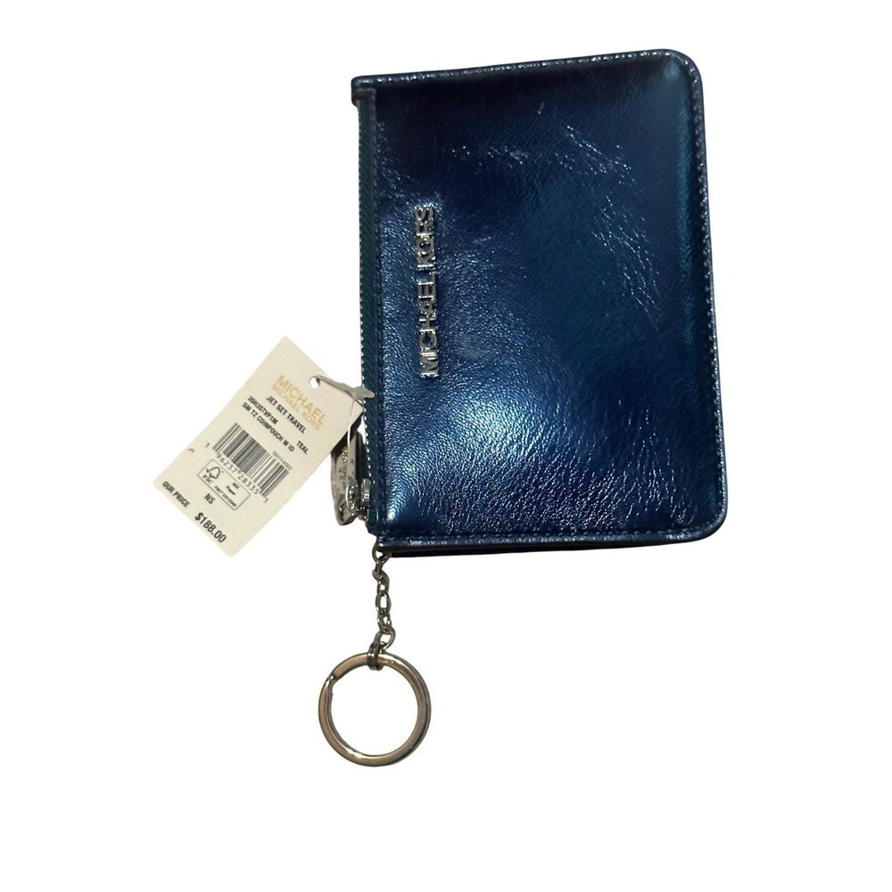 New with tags $188 Michael Kors Metallic Blue Leather Pouch Zipper Key Ring - Picture 13 of 15